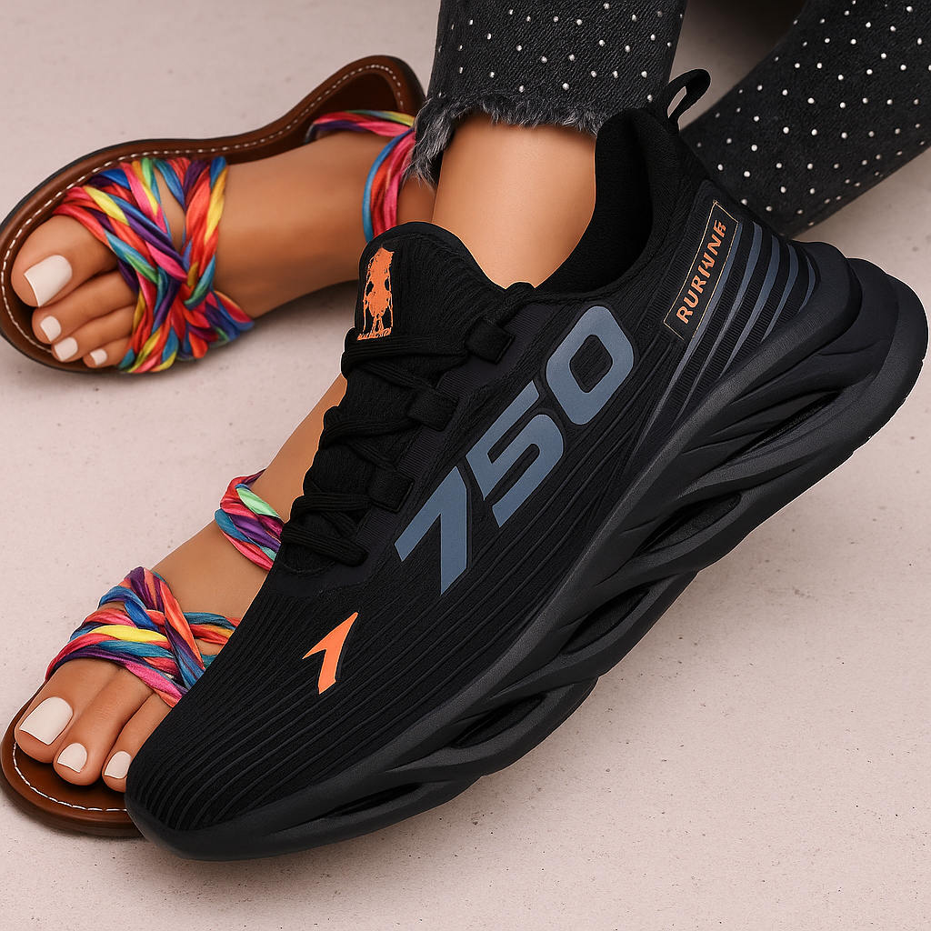 Close-up of women’s colorful braided sandals paired with a modern black athletic sneaker, showcasing a variety of fashionable footwear styles for a shoe category