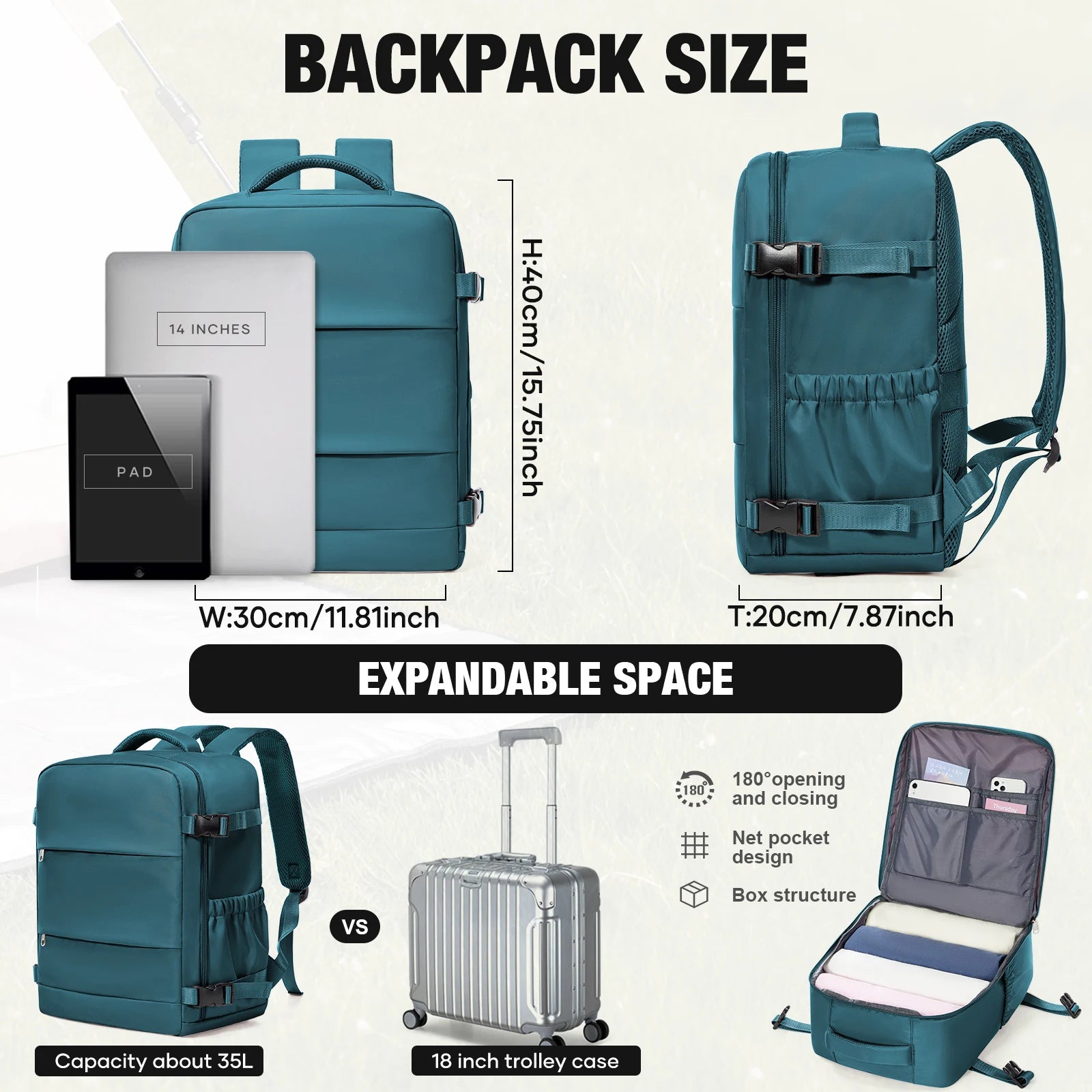 Ryanair 40x30x20 Cabin Bag Women Men leisure School Laptop Bag Carry on Luggage, Wizzair,Vacuum Compression Bag with Manual Pump