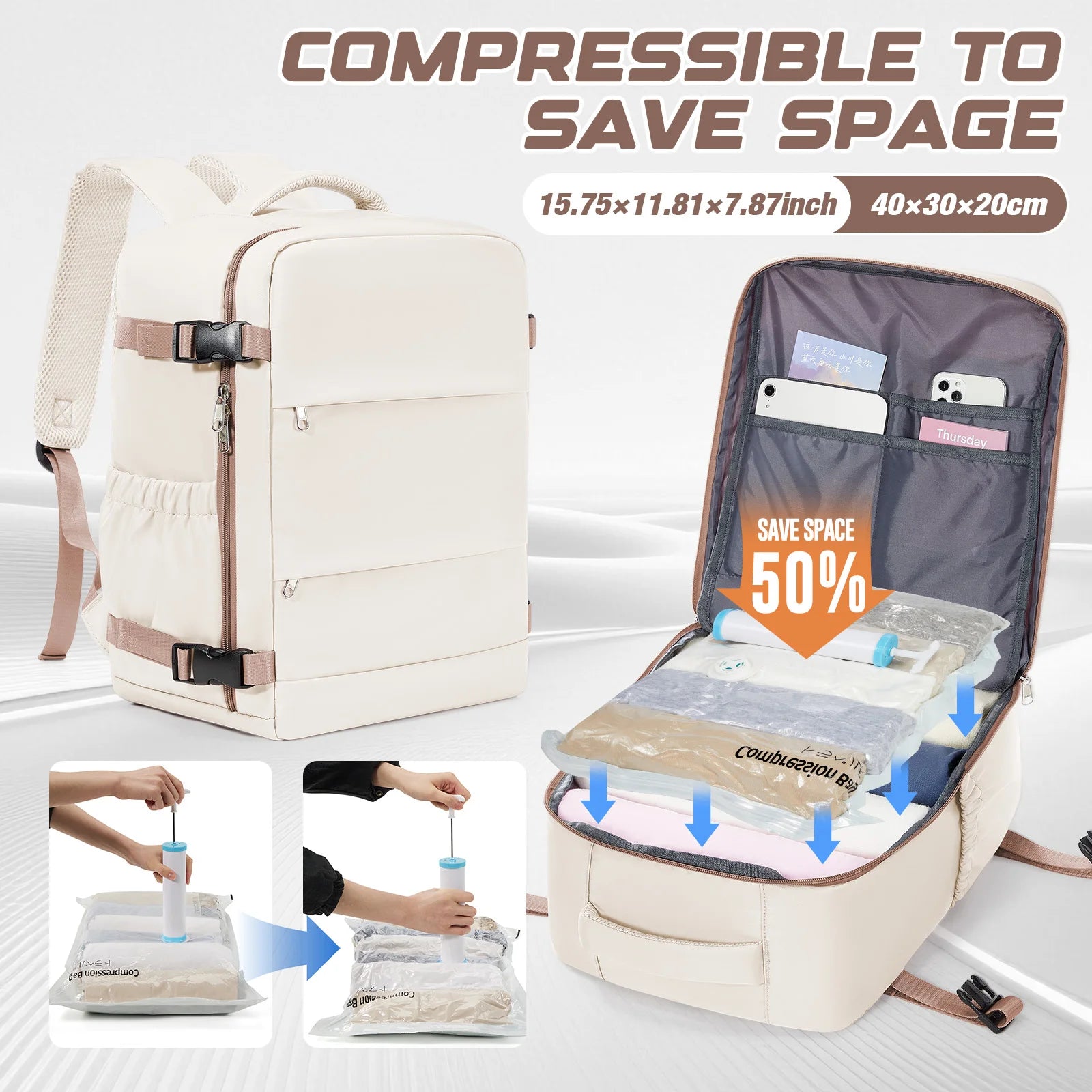 Ryanair 40x30x20 Cabin Bag Women Men leisure School Laptop Bag Carry on Luggage, Wizzair,Vacuum Compression Bag with Manual Pump