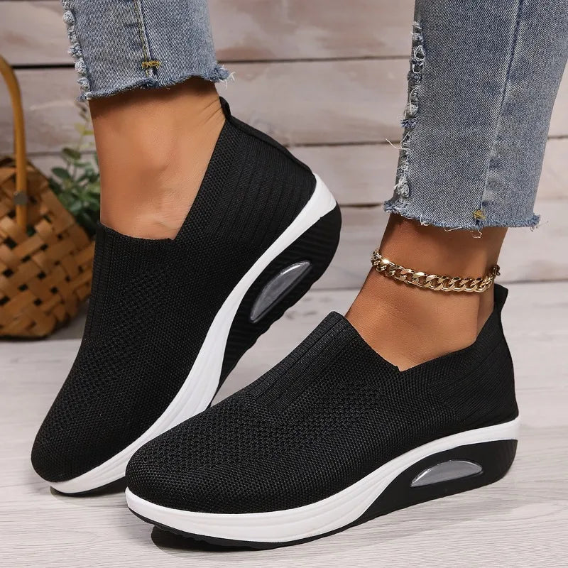 2025 Summer Fashion Mesh Breathable Sneakers Casual Solid Color Thick-soled Wedge Shoes Comfortable Walking Vulcanized Shoes