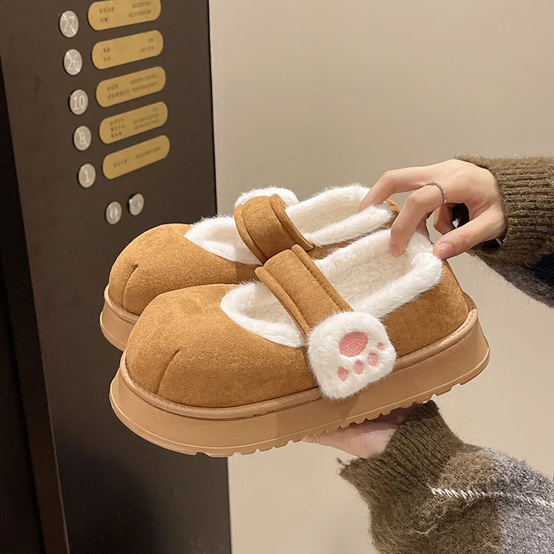 Cute Cat Paw Cotton Snow Boots Shoes With Winter Velvet Thick Sole Indoor Outdoor Shoes ForWarm Round Toe Ankle Boots