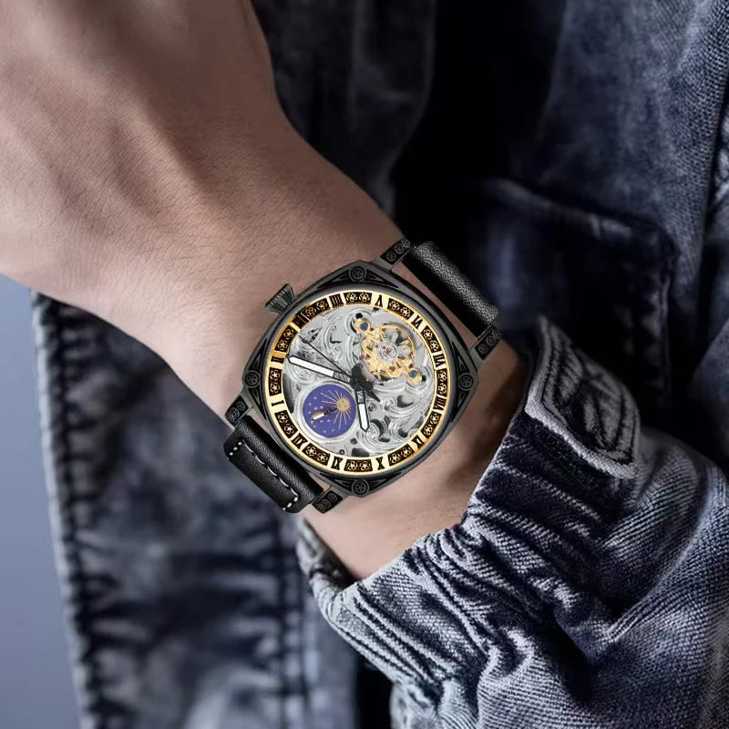 A men's black leather strap vintage casual sculpted design flywheel automatic mechanical watch