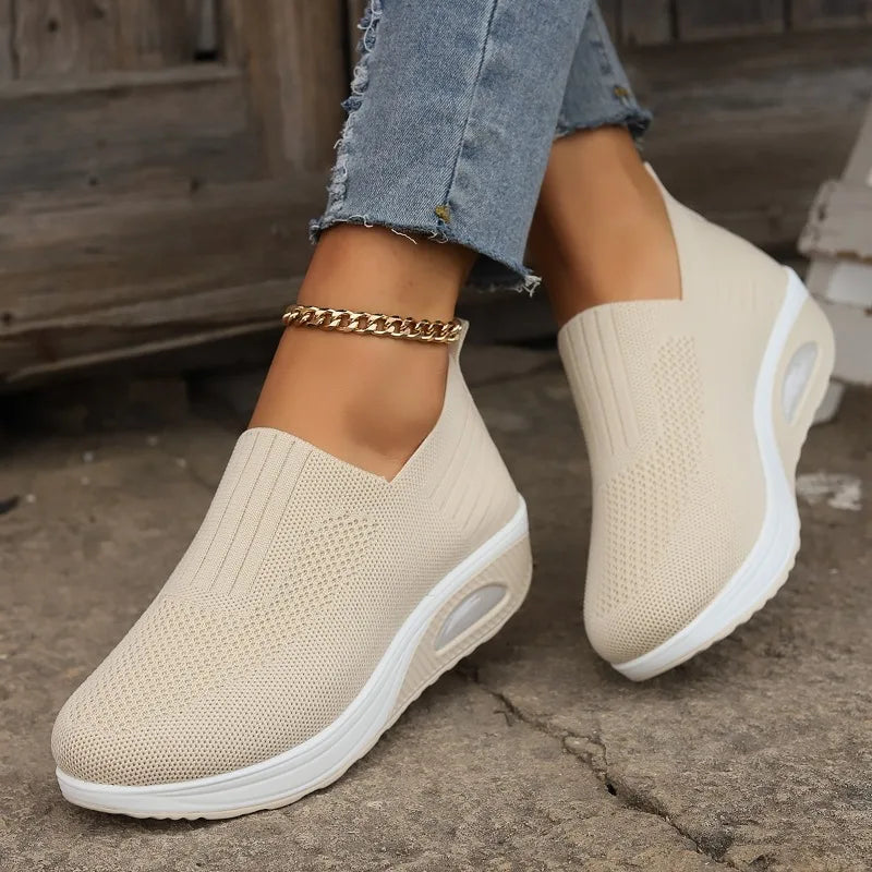 2025 Summer Fashion Mesh Breathable Sneakers Casual Solid Color Thick-soled Wedge Shoes Comfortable Walking Vulcanized Shoes