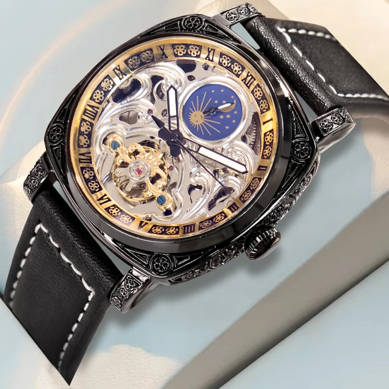 A men's black leather strap vintage casual sculpted design flywheel automatic mechanical watch
