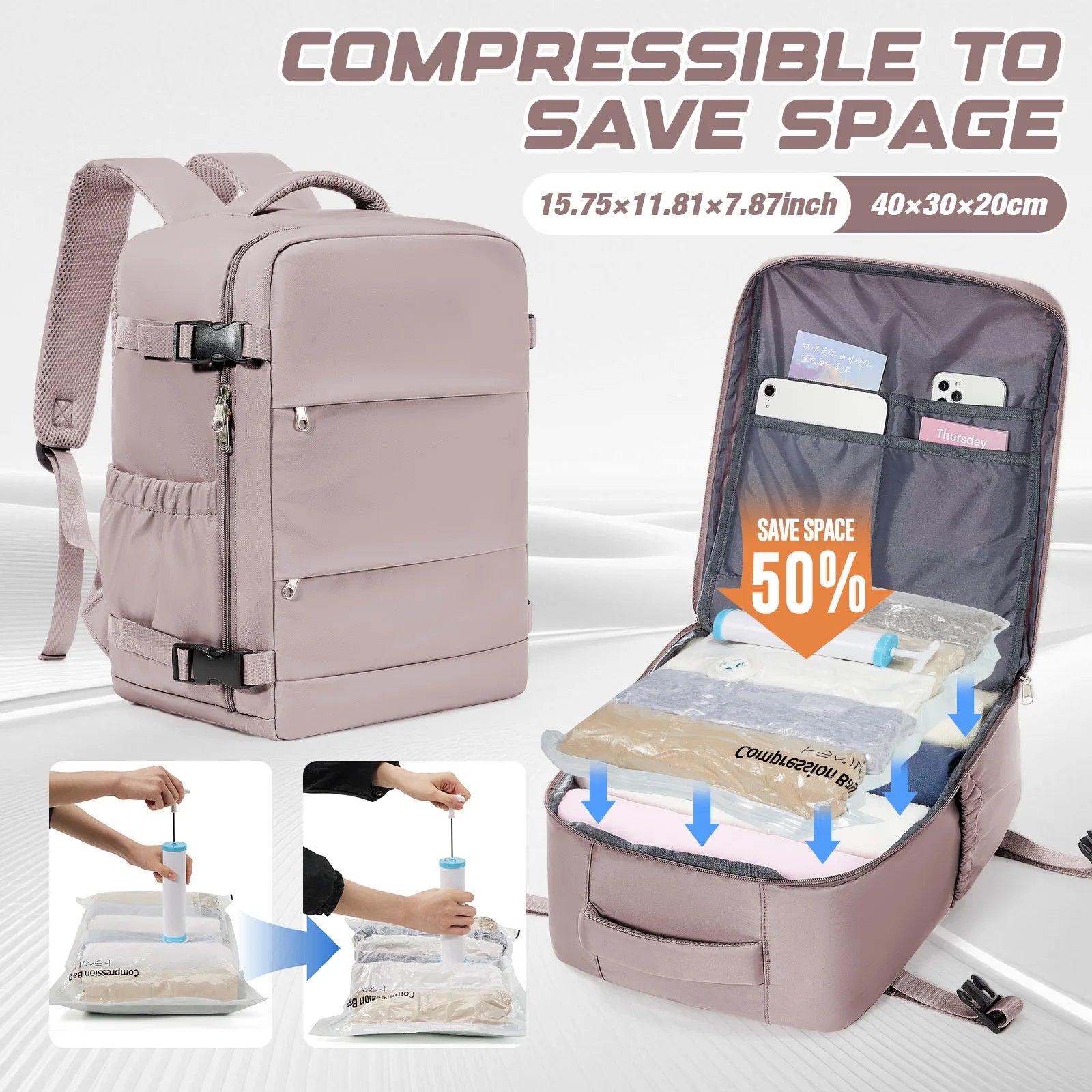 Ryanair 40x30x20 Cabin Bag Women Men leisure School Laptop Bag Carry on Luggage, Wizzair,Vacuum Compression Bag with Manual Pump