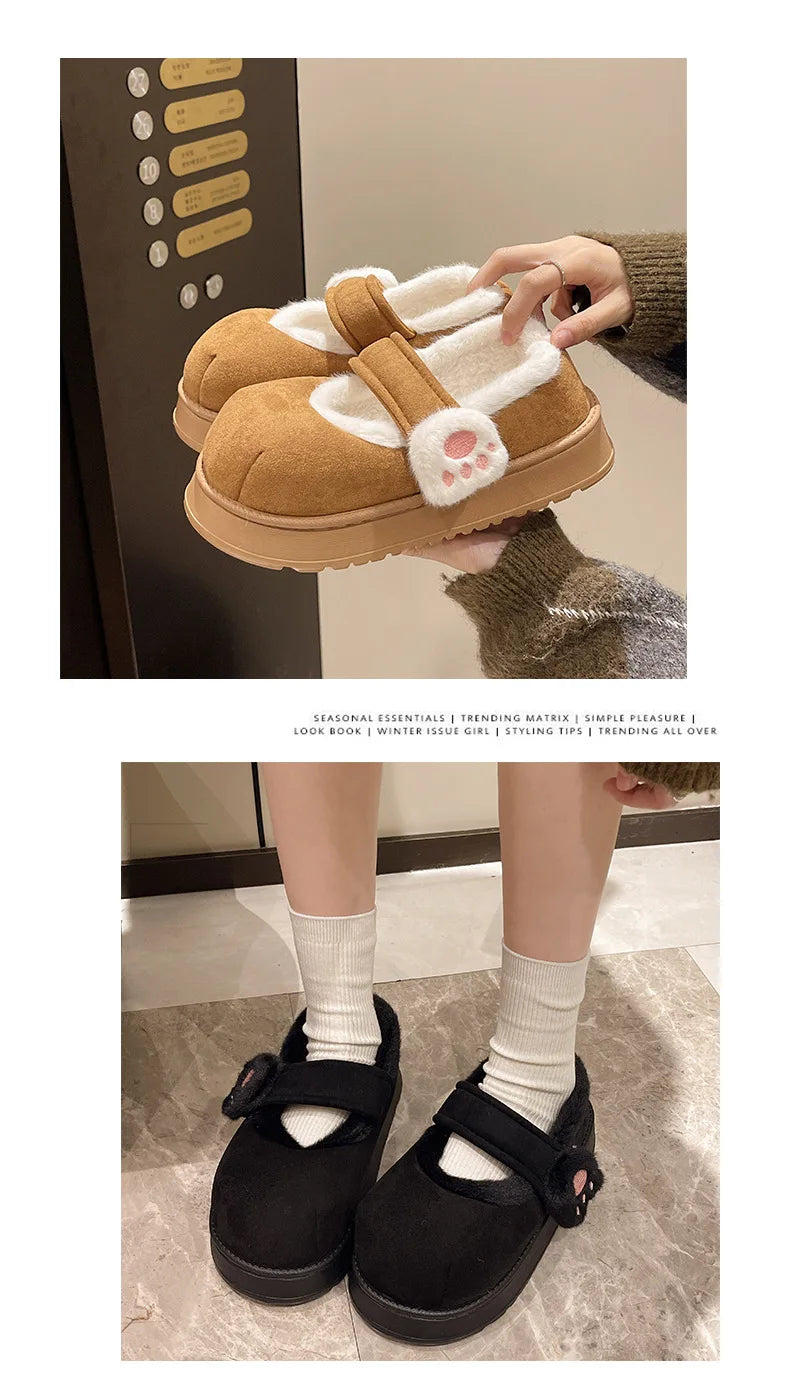 Cute Cat Paw Cotton Snow Boots Shoes With Winter Velvet Thick Sole Indoor Outdoor Shoes ForWarm Round Toe Ankle Boots