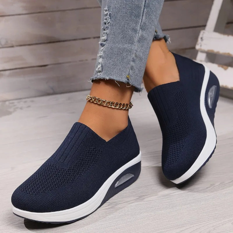 2025 Summer Fashion Mesh Breathable Sneakers Casual Solid Color Thick-soled Wedge Shoes Comfortable Walking Vulcanized Shoes