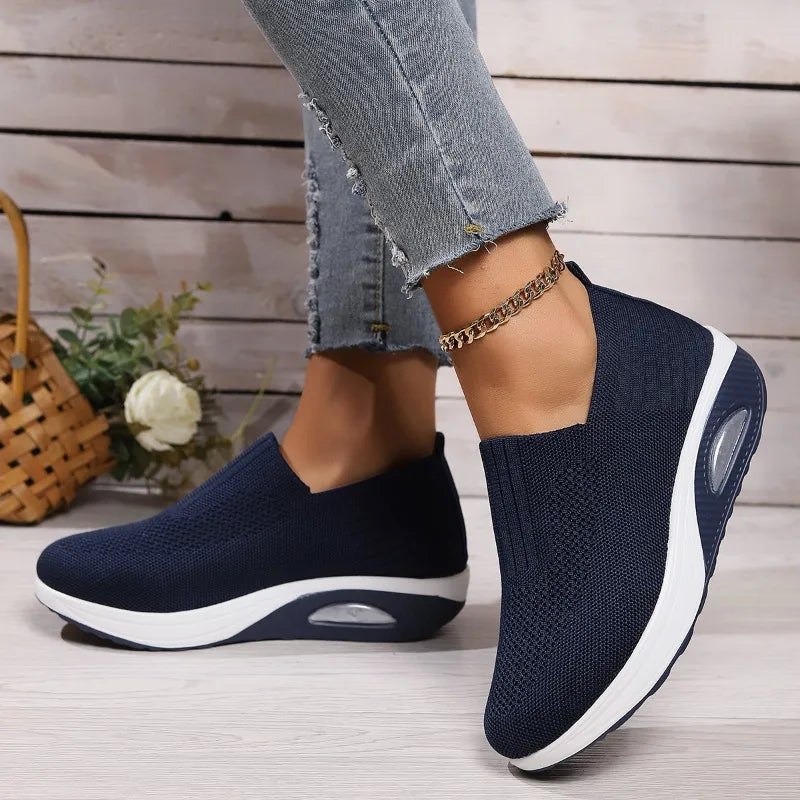 2025 Summer Fashion Mesh Breathable Sneakers Casual Solid Color Thick-soled Wedge Shoes Comfortable Walking Vulcanized Shoes