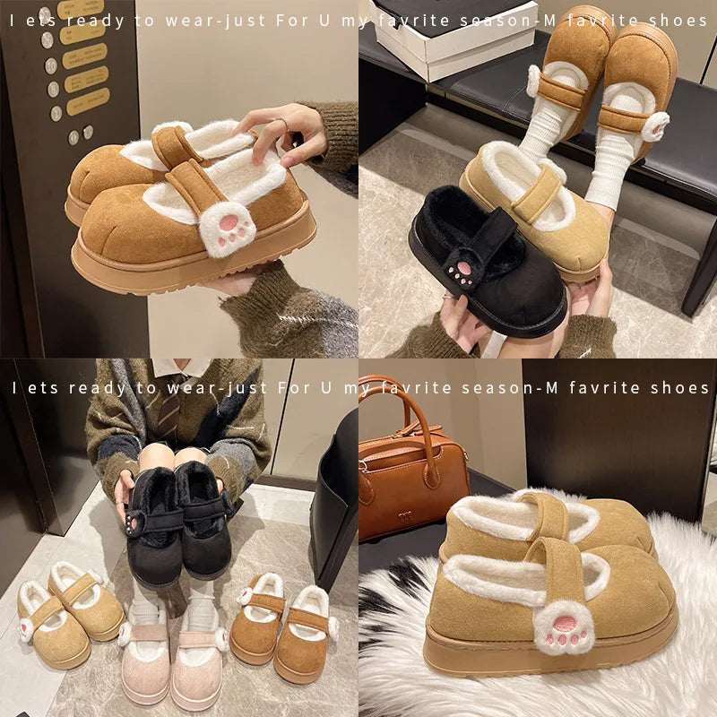 Cute Cat Paw Cotton Snow Boots Shoes With Winter Velvet Thick Sole Indoor Outdoor Shoes ForWarm Round Toe Ankle Boots