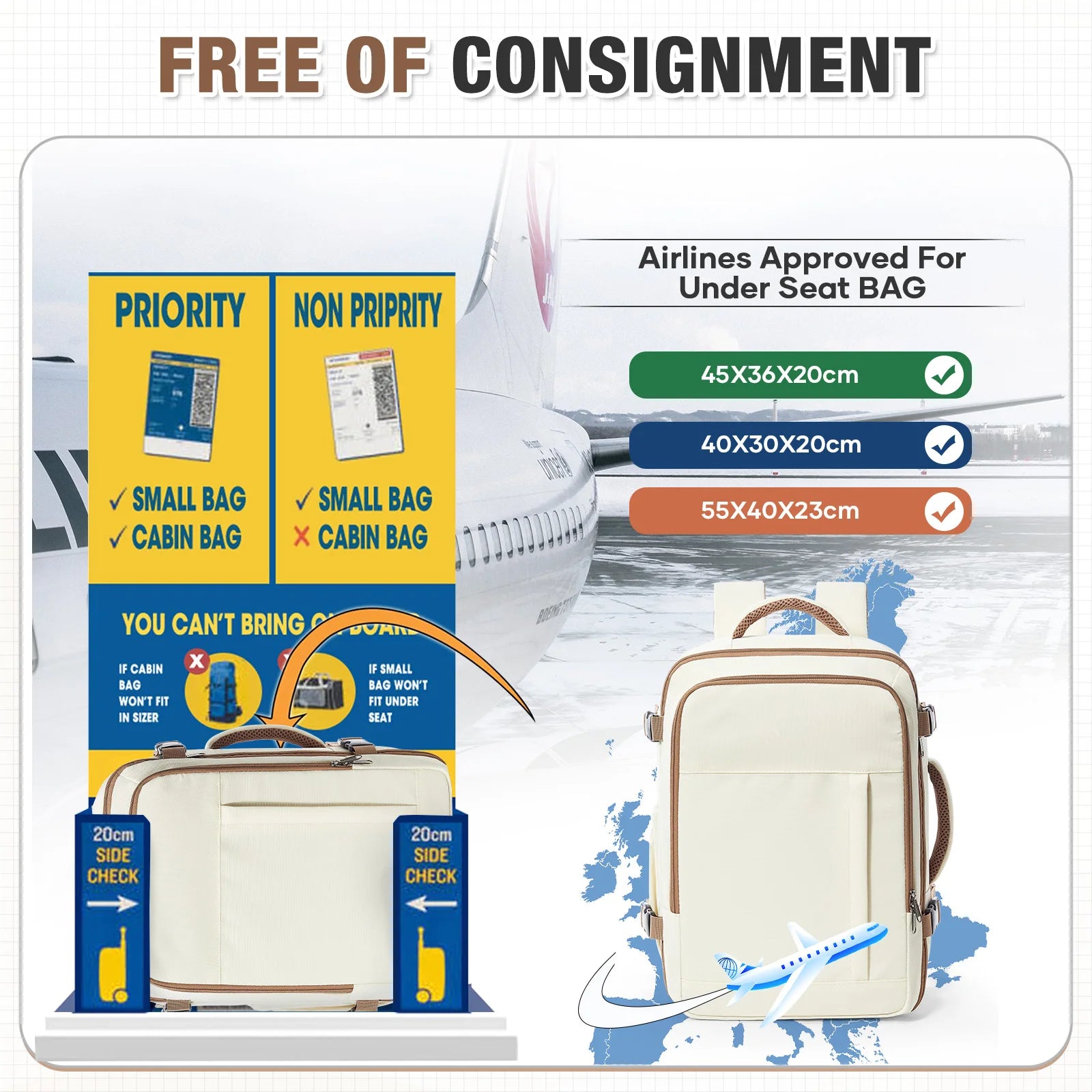 New Travel Boarding Backpack Ryanair 40x30x20, Wiz Air Multi Functional Business Backpack Lightweight Cabin Bag 15.6" Laptop Bag