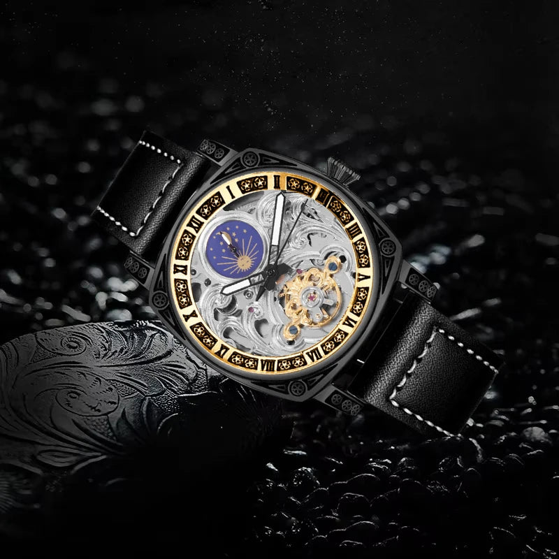 A men's black leather strap vintage casual sculpted design flywheel automatic mechanical watch