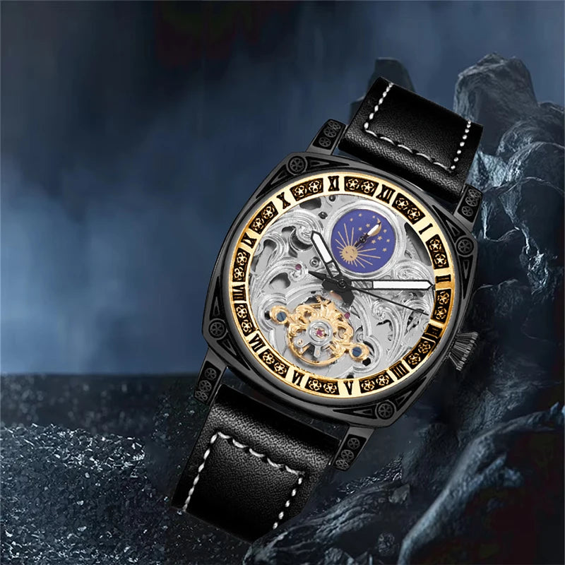 A men's black leather strap vintage casual sculpted design flywheel automatic mechanical watch