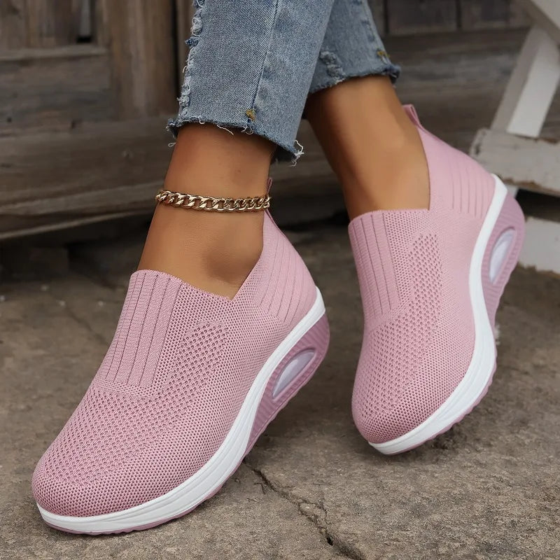 2025 Summer Fashion Mesh Breathable Sneakers Casual Solid Color Thick-soled Wedge Shoes Comfortable Walking Vulcanized Shoes