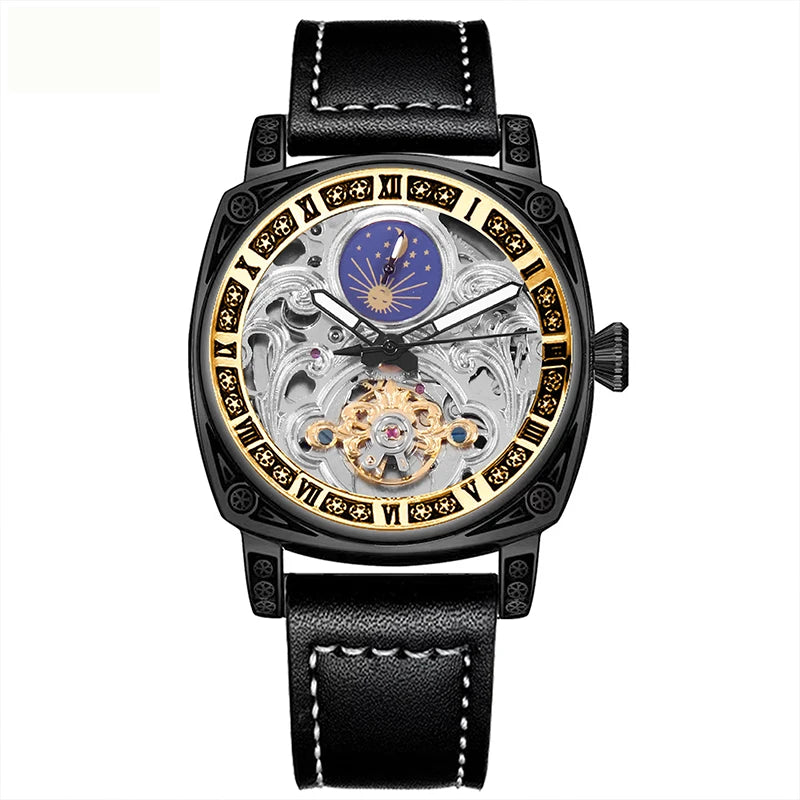 A men's black leather strap vintage casual sculpted design flywheel automatic mechanical watch