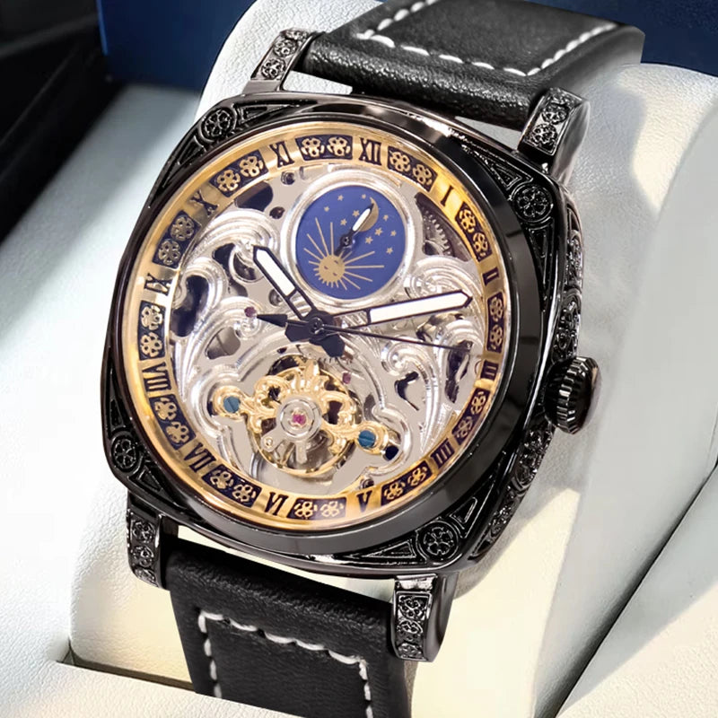 A men's black leather strap vintage casual sculpted design flywheel automatic mechanical watch