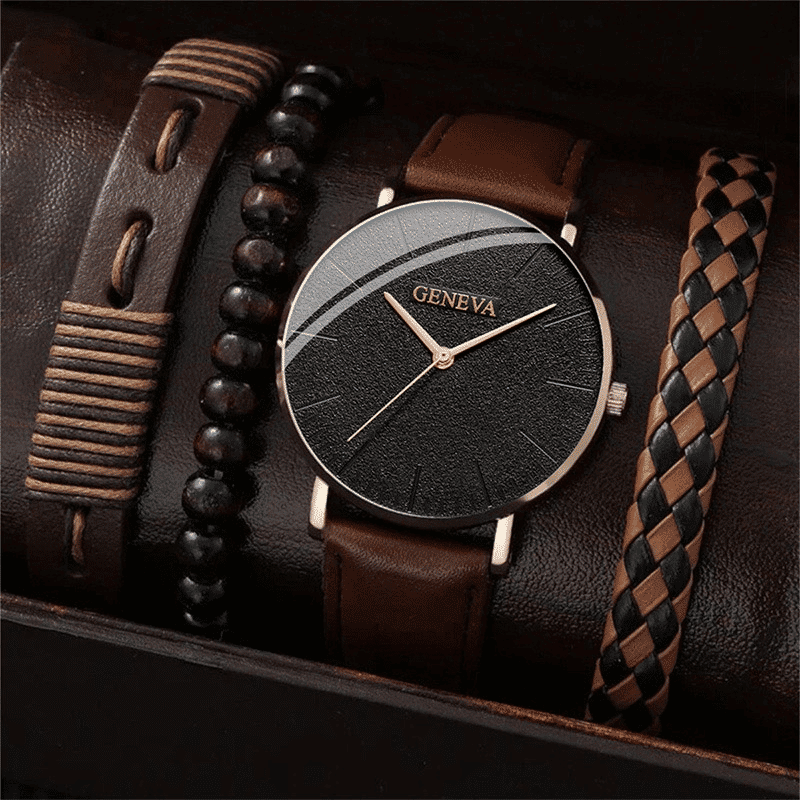 Luxury 4-Piece Men's Fashion Sports Quartz Watch Set Brown Leather Bracelet
